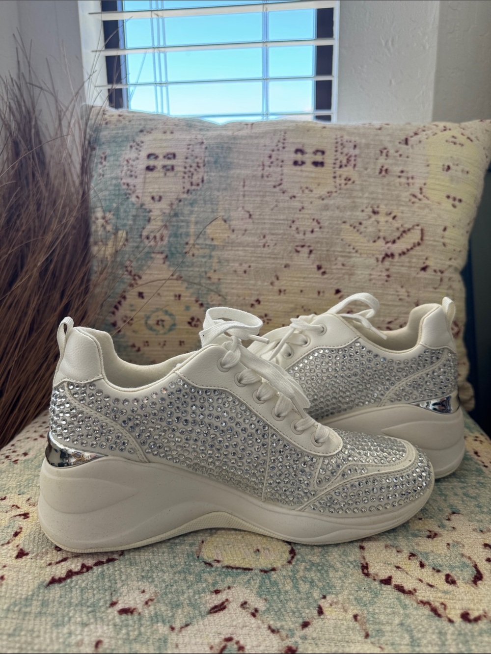 Aldo White Crystal-Studded Lace-Up Sneakers